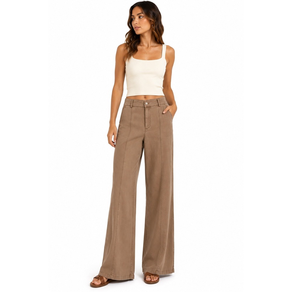 100% Tencel Wide Leg Pants M Brown Pleated Elastic Back Minimalist Boho YFB